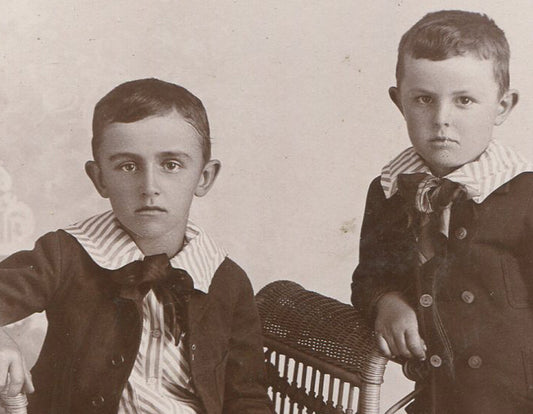 TWO YOUNG BROTHERS IN PETER PAN COLLARS. CABINET CARD. UHRICHSVILLE, OHIO.