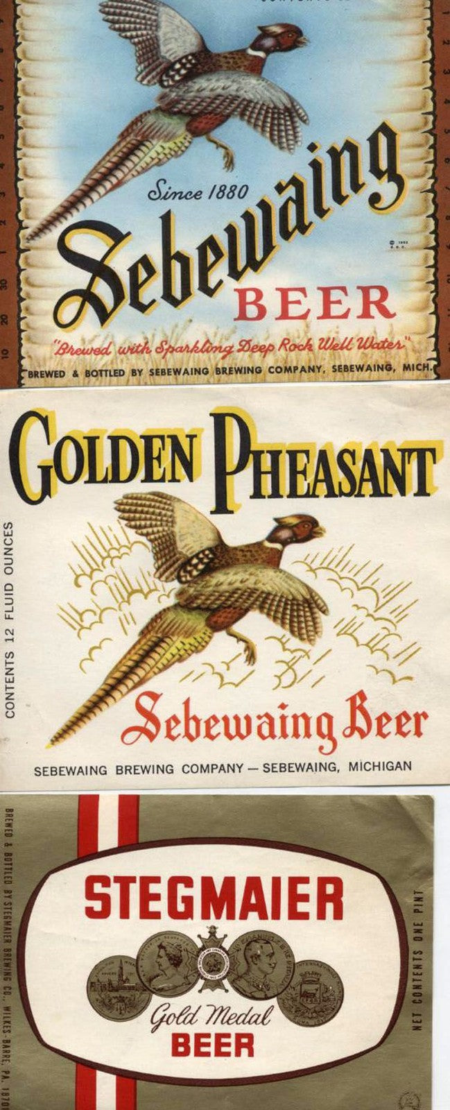 AMERICAN VINTAGE BEER LABELS. SET OF 3. STEIGMAIER, SEBEWAING BEER X2.