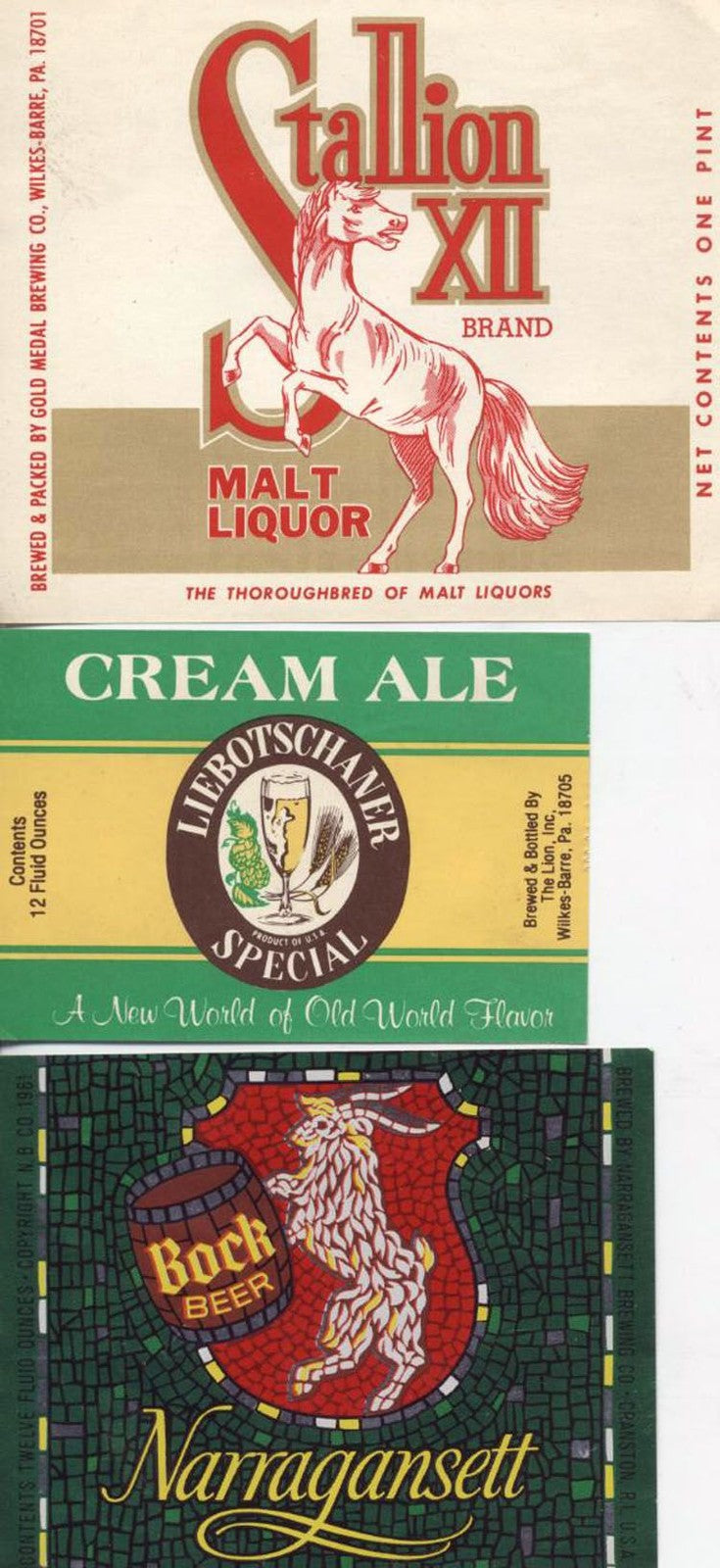 AMERICAN VINTAGE BEER LABELS. SET OF 3. STALLION , LIEBOTSCHANER, BOCK
