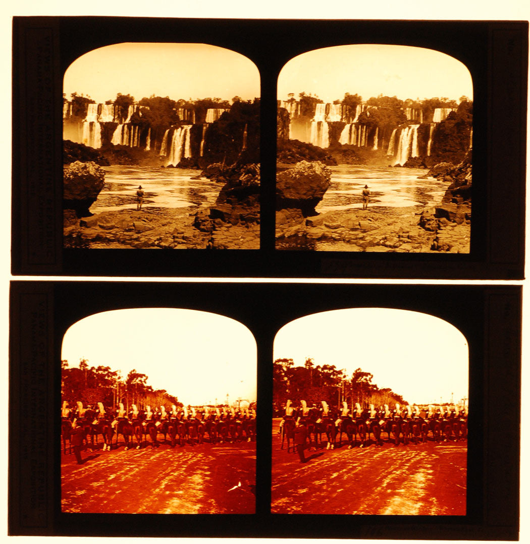 ARGENTINE VIEWS, COLOR STEREO LANTERN SLIDES. 7 SET IN ORIGINAL LUMIERE BOX.