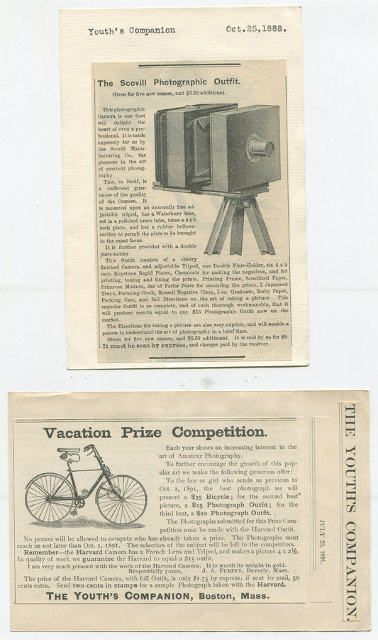 1886 Youths Companion Publications Clippings - 4x6 Cards, Bicycle & Camera