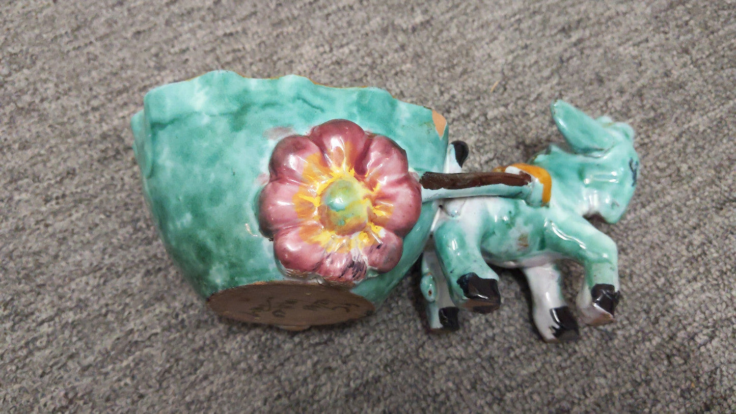 Vintage Donkey Cart Planter with Flower-Wheel Design, 8in Long by 3in High