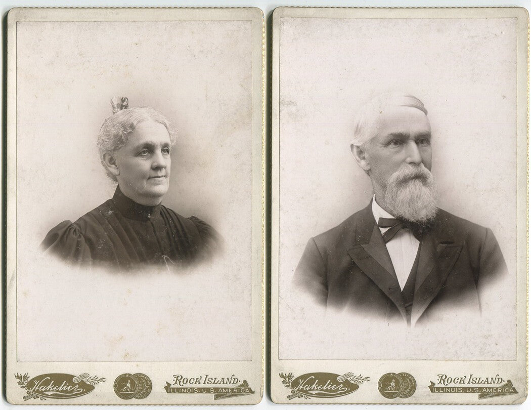 Vintage Cabinet Card Two-Photo Set: Distinguished Old Couple, Rock Island, IL;