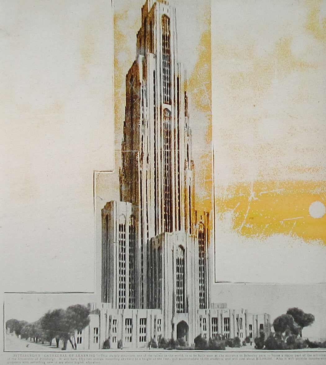 UNIVERSITY OF PITTSBURGH CATHEDRAL OF LEARNING ARTIST RENDERING. PHOTO ON GLASS.