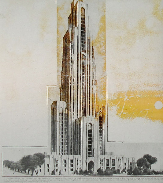 UNIVERSITY OF PITTSBURGH CATHEDRAL OF LEARNING ARTIST RENDERING. PHOTO ON GLASS.