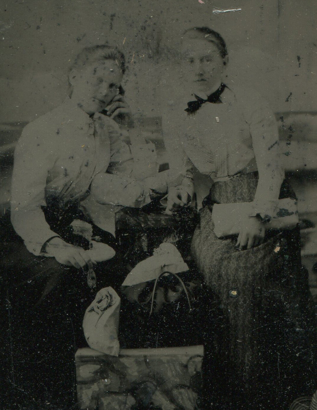 Tintype Photo: Woman with Packages, Painted Rustic Background, 3.5x2.5 in