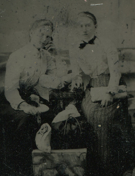 Tintype Photo: Woman with Packages, Painted Rustic Background, 3.5x2.5 in