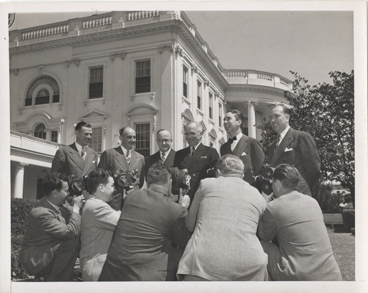 PRESIDENT TRUMAN AT WHITE HOUSE W/ VINTAGE NEWS CAMERAS