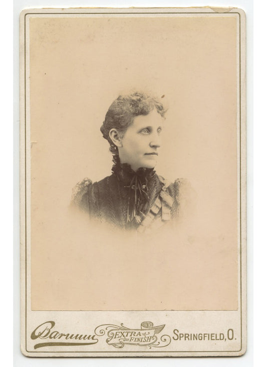 CAB CARD PHOTO LADY FROM SPRINGFIELD, OH, BY BARNUM, GRAPHIC BACK