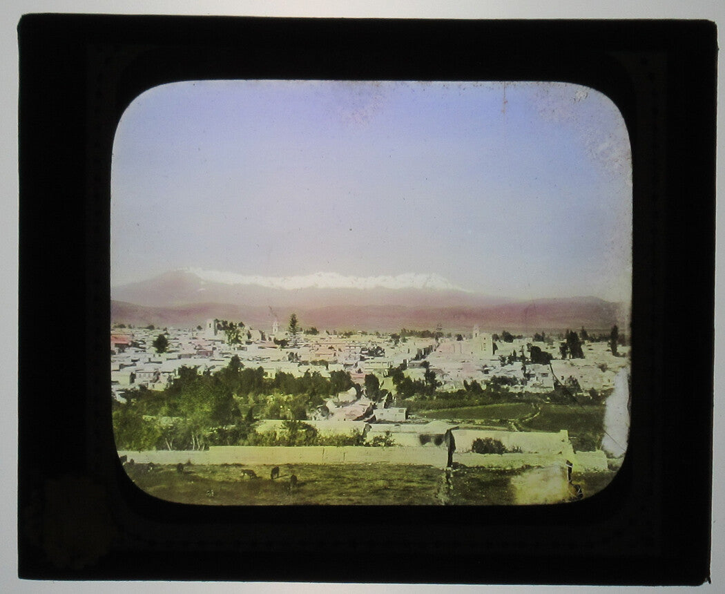 VIEW LOOKING OVER AREQUIPA, PERU. TINTED PHOTO ON GLASS.