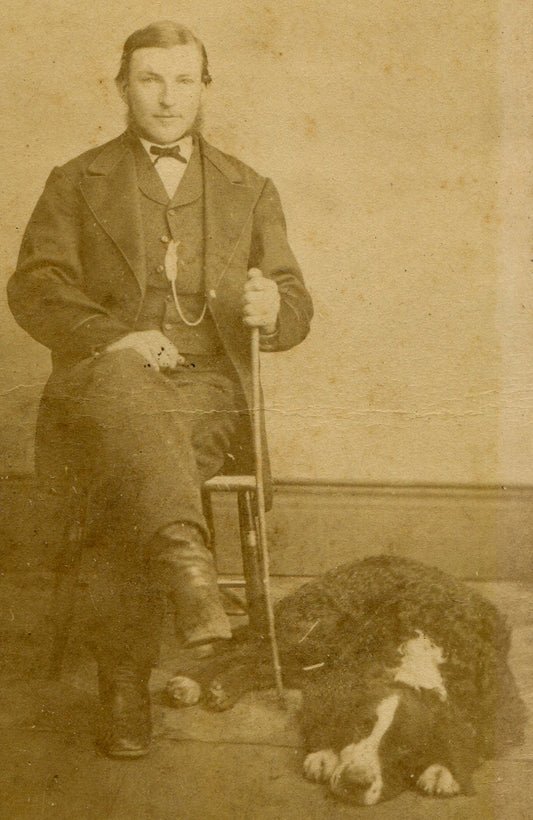 MAN WITH WALKING STICK, DOG SLEEPING AT HIS FEET. CDV. MONONGAHELA, PA.