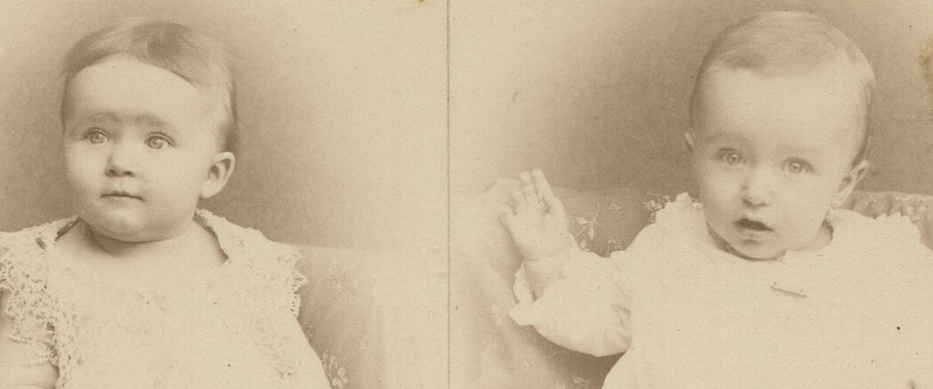 TWO BABY PHOTOS, TWINS, ONE CABINET CARD. RARE. MONONGAHELA CITY, PA.