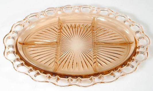 VINTAGE PINK DEPRESSION GLASS, LACE EDGE, DIVIDED RELISH PLATE