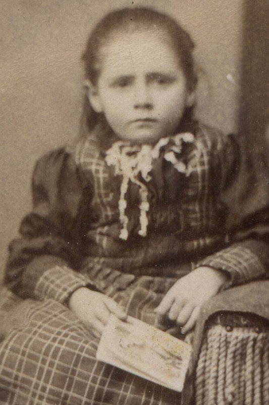 YOUNG GIRL, FROWNING EXPRESSION, POSED HOLDING BOOK. SMALL CDV. DELHI, N.Y.