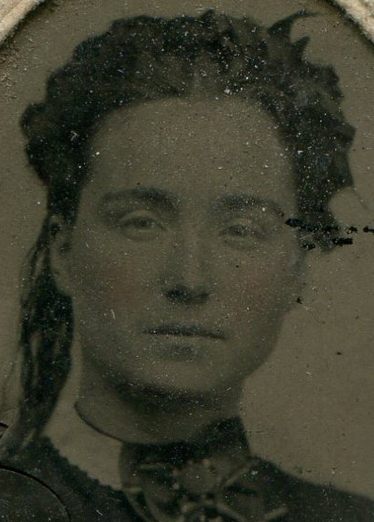 Vintage Tintype Photograph Woman Squinty Eyes Period Paper Matte 4x2.5 in