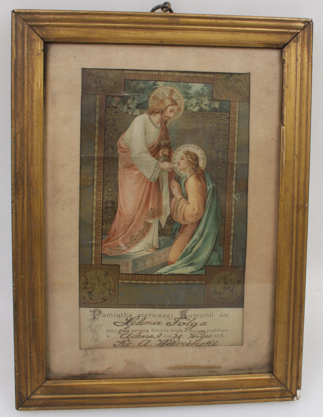 RELIGIOUS, CHRIST OFFERING COMMUNION TO FEMININE FIGURE. FRAMED LITHOGRAPH.