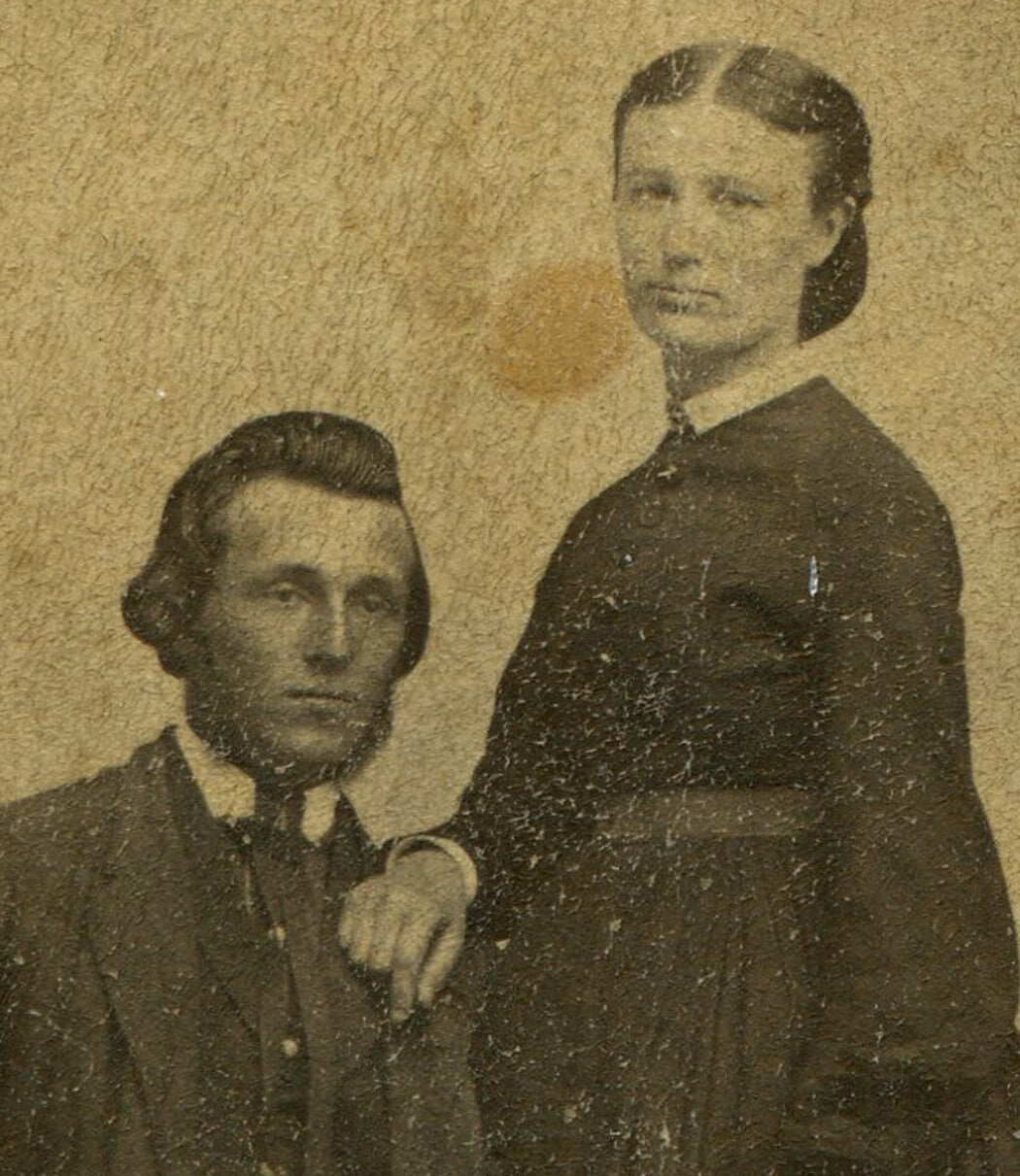 COUPLE IN CLASSIC POSE, STOIC. EARLY CDV. CLEVELAND, OHIO.