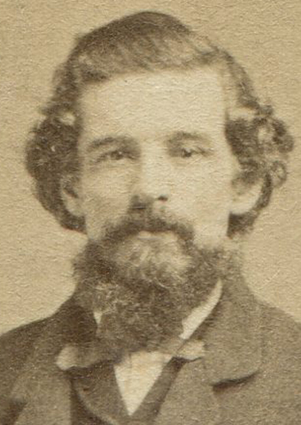 MAN WITH THICK HAIR AND BEARD, STANDING POSE HOLDING HAT. CDV. PORTSMOUTH, N.H.