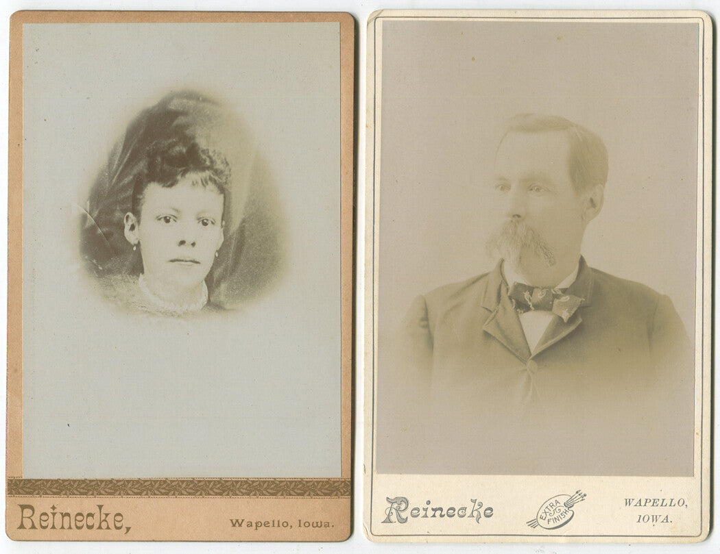 Vintage Cabinet Card 2-Set: Man with Huge Mustache, Beady-Eyed Woman Photo