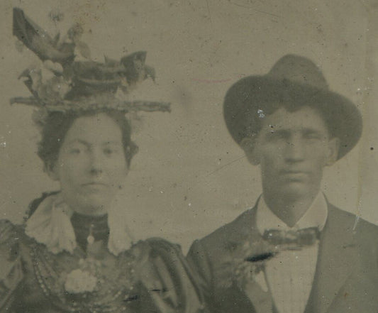 Tintype Photograph - Vintage Couple, Fashion Victim Woman with Wild Hat