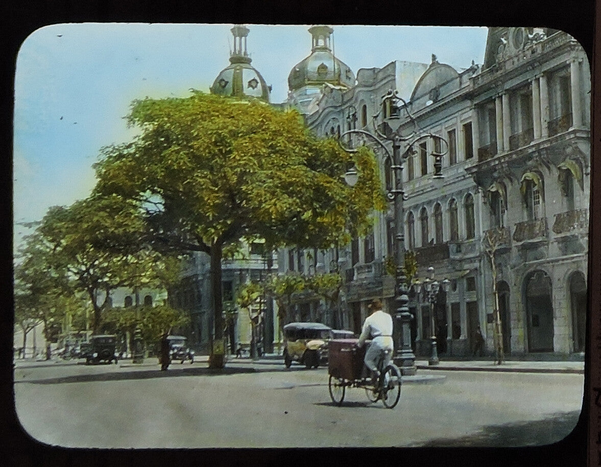ANTIQUE PHOTO ON GLASS, VINT AVENIDA RIO, BRAZIL SCENE, COLOR TINTED
