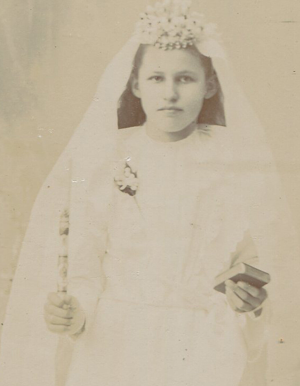 Vintage Cabinet Card Photo: Girl in First Communion Attire with Candle Stick & Prayer Book, Michigan