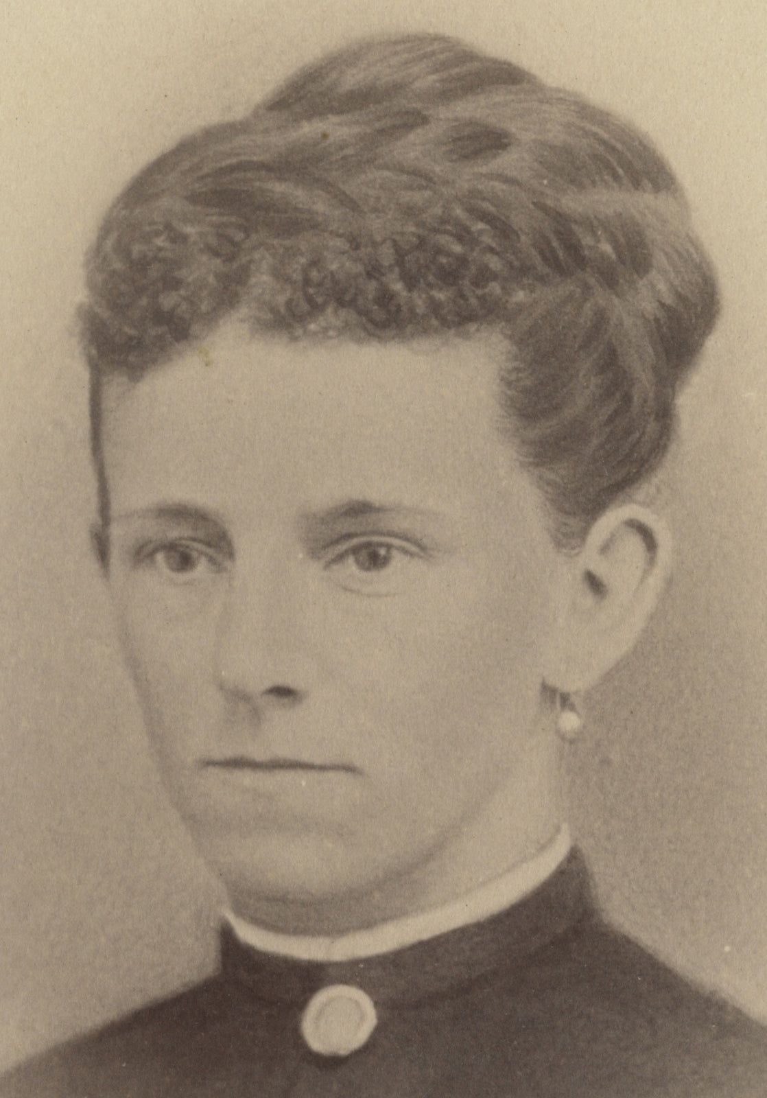 FROM WEST WINSTED, CONN, PHOTO OF LADY, DARK DRESS, EARRINGS
