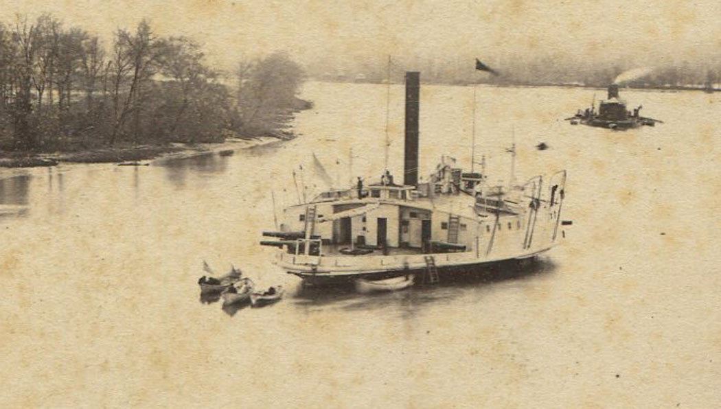 GUN BOAT COM. PERRY, MONITOR ON THE JAMES RIVER. E.AND H,T, ANTHONY STEREOVIEW.