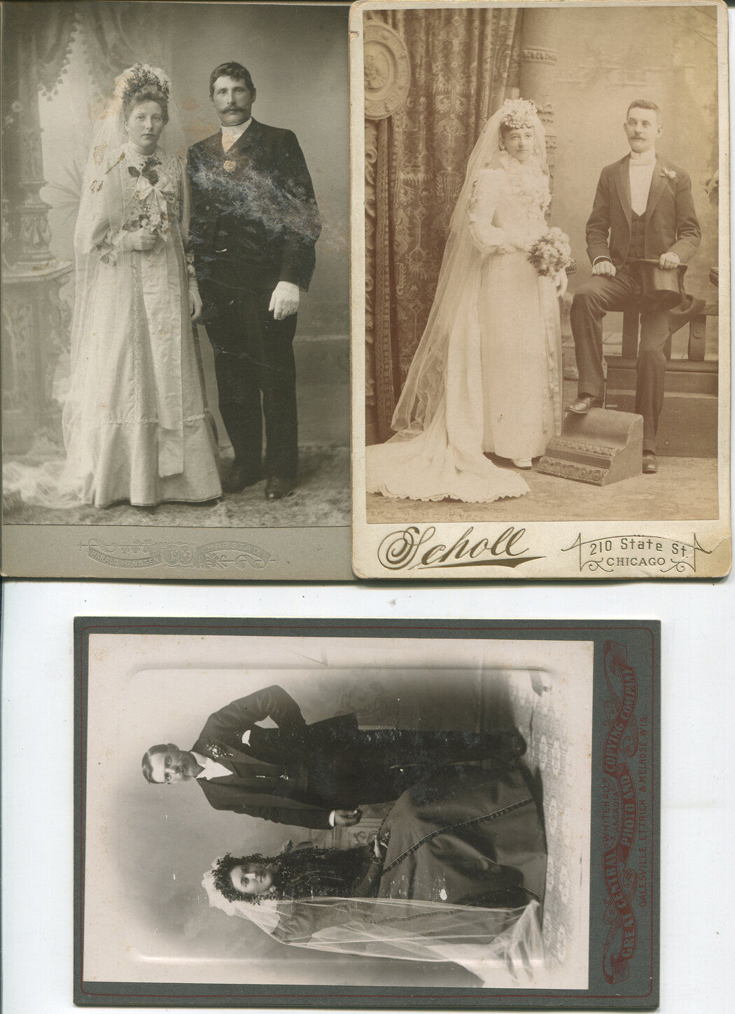 WEDDINGS, WEDDINGS, WEDDINGS. 3 SET CABINET CARD.