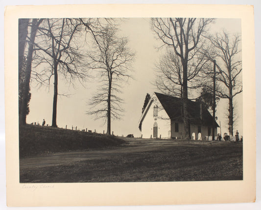 Vintage Photograph Country Church and Graveyard Silver Print 13x18 Mounted