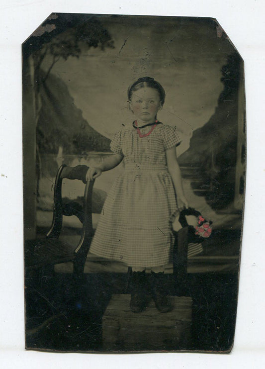 YOUNG GIRL CHECKER DRESS, TINTED FLOWERS, NECKLACE. PAINTED BACKGROUND. TINTYPE.