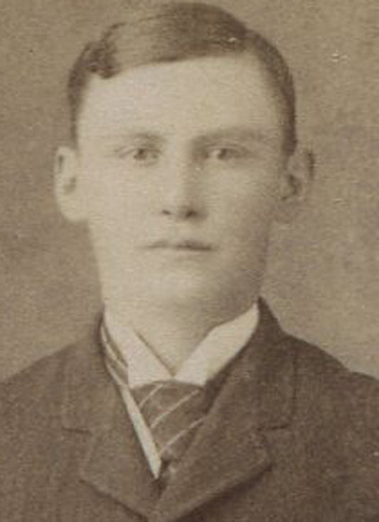 YOUNG MAN CORNERED BY DOMESTIC LIFE. CABINET CARD/ PAINTED BACKGROUND.