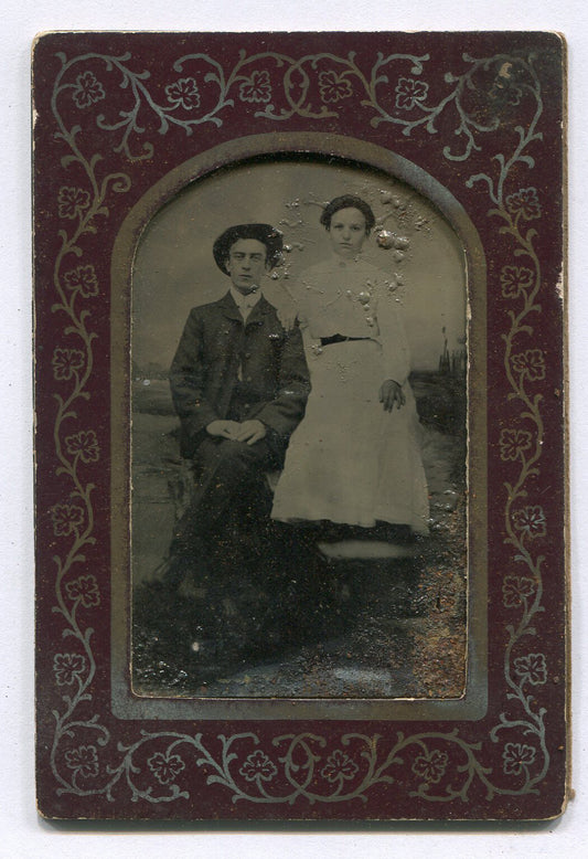WOMAN ON PEDESTAL, MAN IN HAT. TINTYPE, ATLANTIC CITY, N.J.