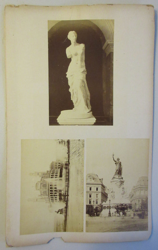 ARCHITECTURAL AND STATUE, EUROPEAN VIEWS. 3 ALBUMEN PHOTOS ON ALBUM PAGE.