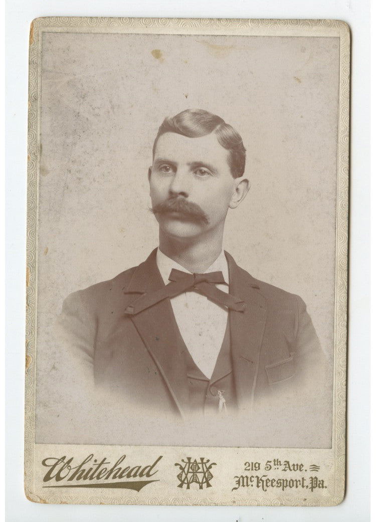 CAB CARD PHOTO MAN W/ GREAT MUSTACHE FROM MCKEESPORT, PA, BY WHITEHEAD