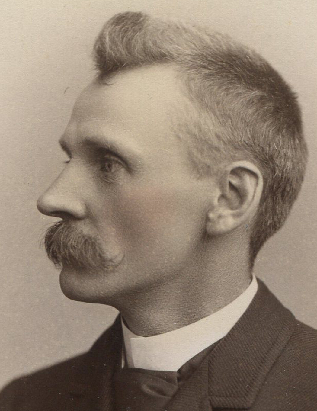 Vintage cabinet card photo: cool man with thick mustache and buzz cut, tinted portrait from Chicago wall art 8.25x4