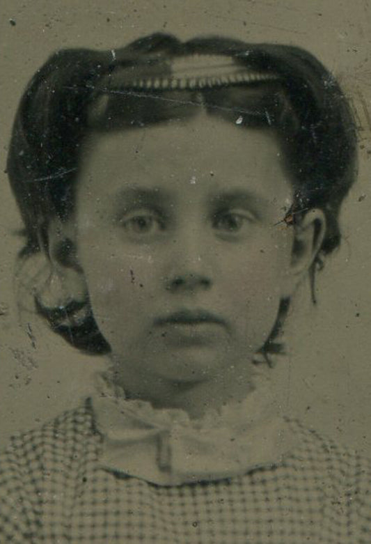 Vintage Tintype Photograph - Cute Little Girl in Checked Dress, 3.5x2.5 in