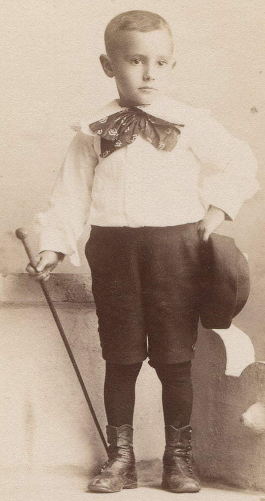 YOUNG BOY POSED ON BENCH, CANE AND HAT. CABINET CARD ST. LOUIS, MO.