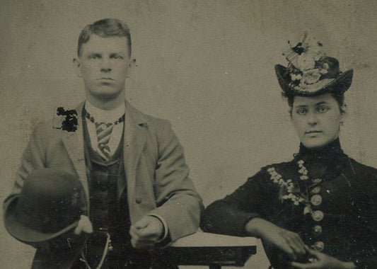 Vintage Tintype Photo - Couple Portrait in Cool Hats, Original 3.5x2.5 Old Photo