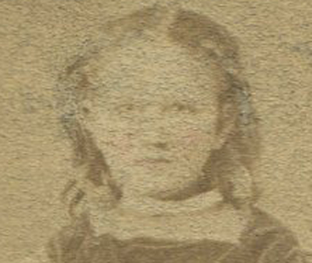 YOUNG GIRL WITH HIGH TOP SHOES, SEATED AT TABLE. TINTED CDV.