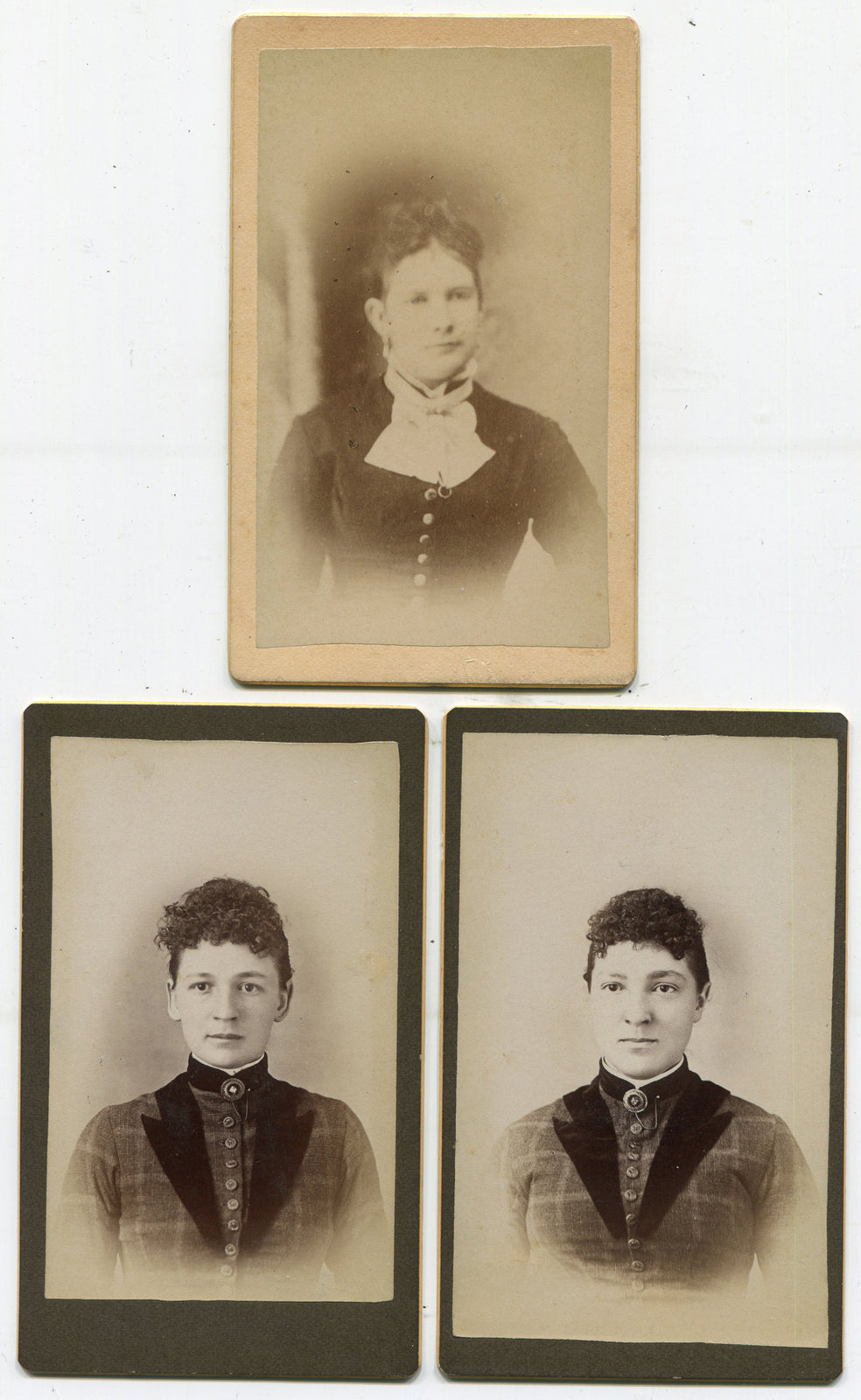 WOMEN, 2 IN IDENTICAL DRESS. CDV 3 SET. MILFORD, INDIANA.