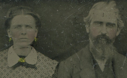 Tintype Photo: Couple Seated Pose with Tinted Jewelry, Vintage Original