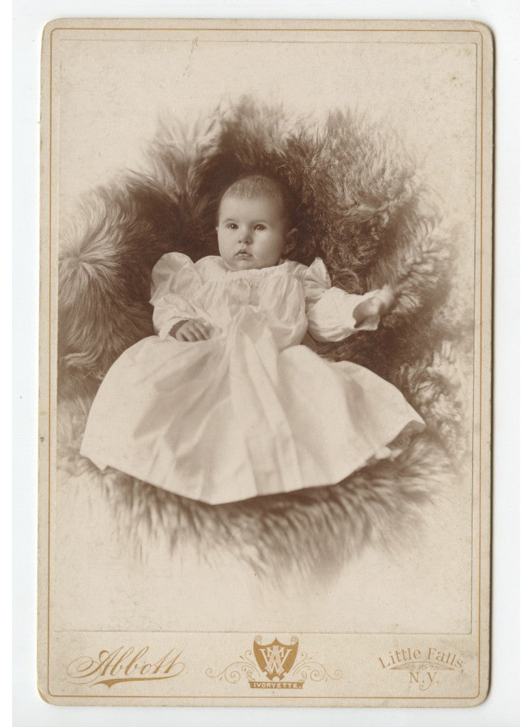 CAB CARD PHOTO BABY FROM LITTLE FALLS, NY, BY ABBOTT, GRAPHIC BACK