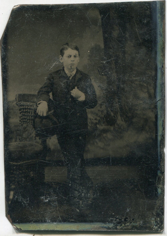 Tintype Photo Boy Confidently Posed with Hat in Lapel Vintage Portrait