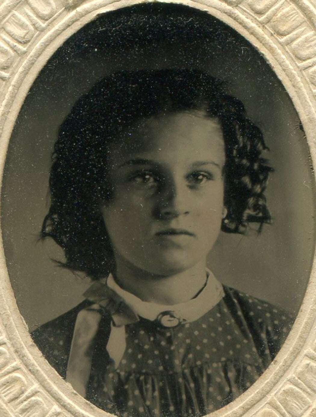 Tintype Photo: Young Woman, Messy Hair, Paper Mat 4x2.5 in Vintage Tintype