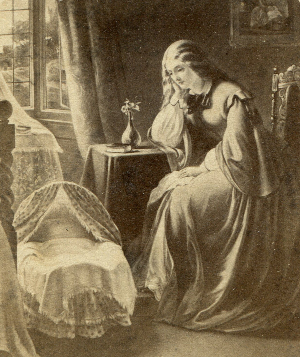 WOMAN GAZES AT EMPTY BASSINET. CDV OF ARTWORK. BOSTON.