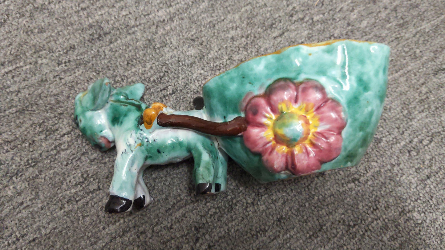 Vintage Donkey Cart Planter with Flower-Wheel Design, 8in Long by 3in High