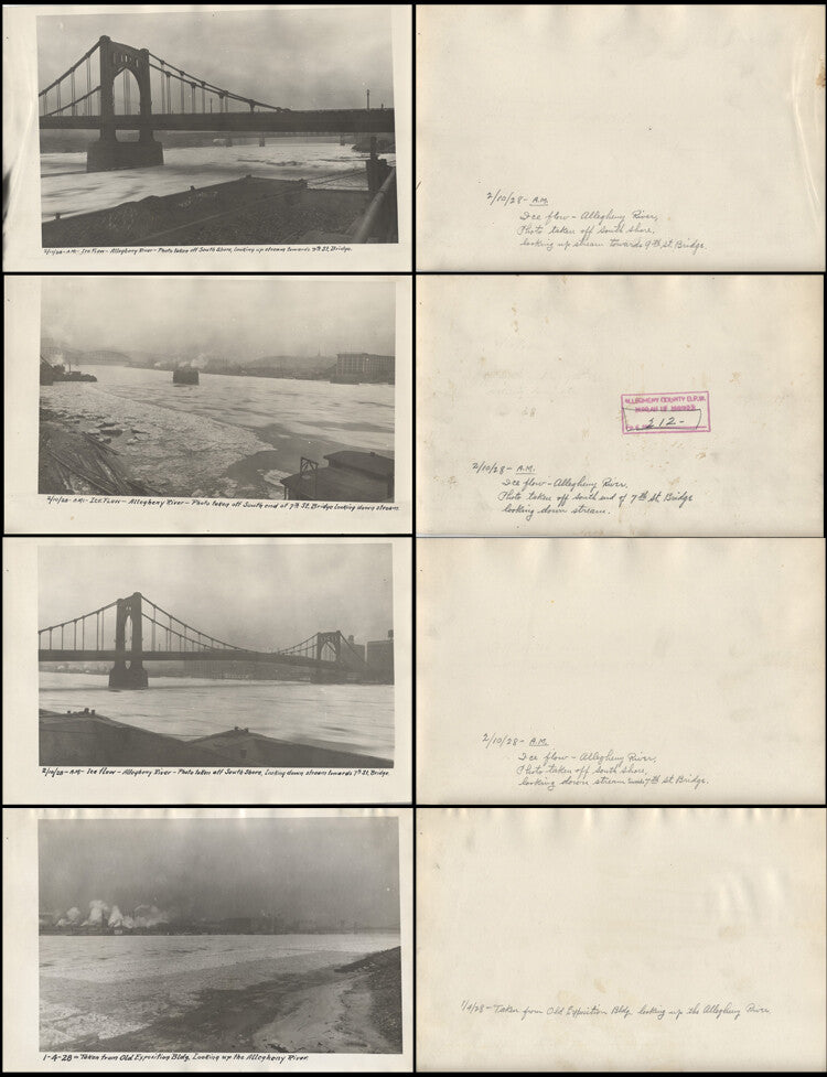 1928 PHOTOS OF PITTSBURGH ICY ALLEGHENY RIVER PICTURED W/ MANY BRIDGE - SET OF 8