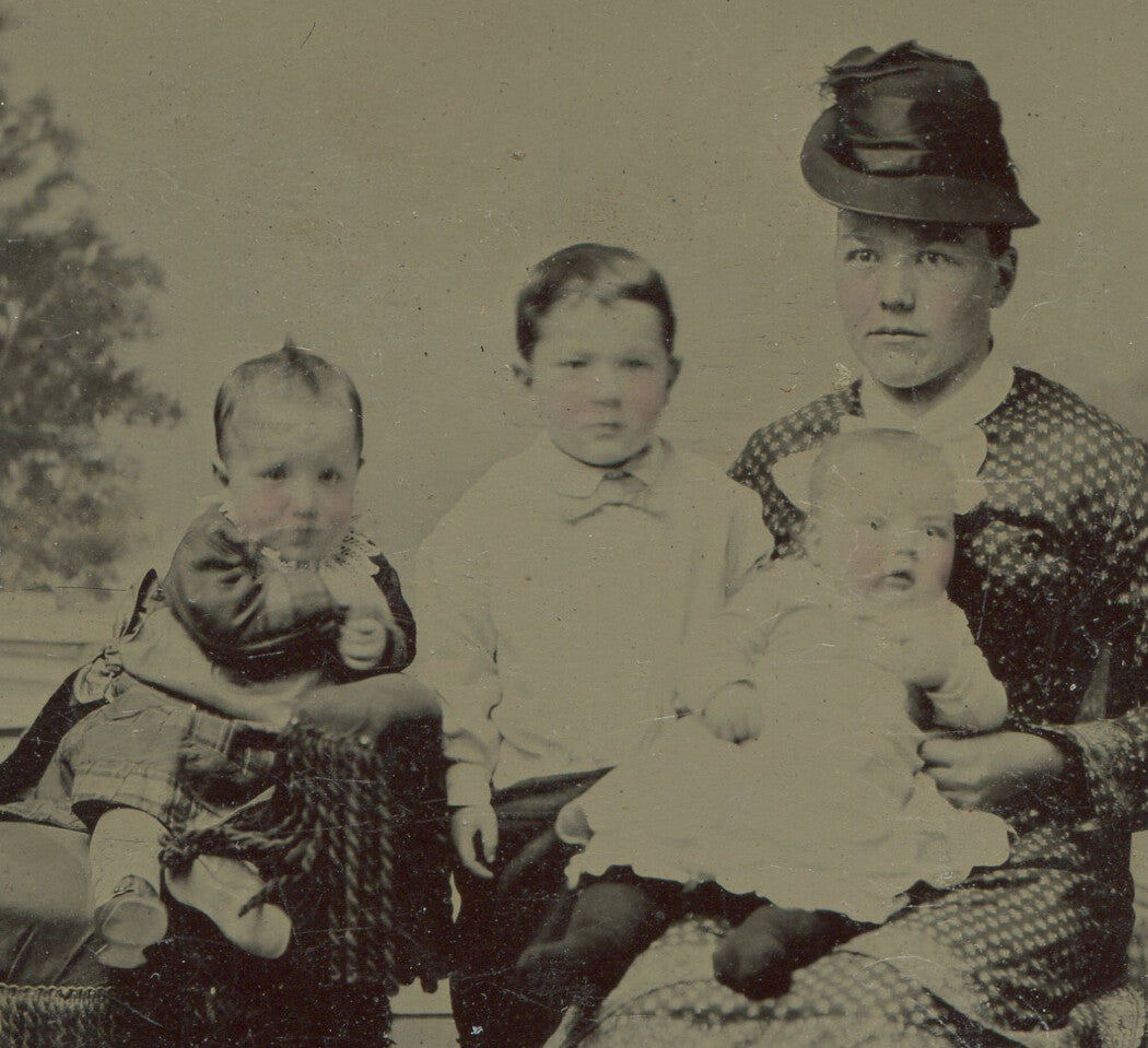 Tintype Photograph Exhausted Mother with Three Unruly Children - Vintage