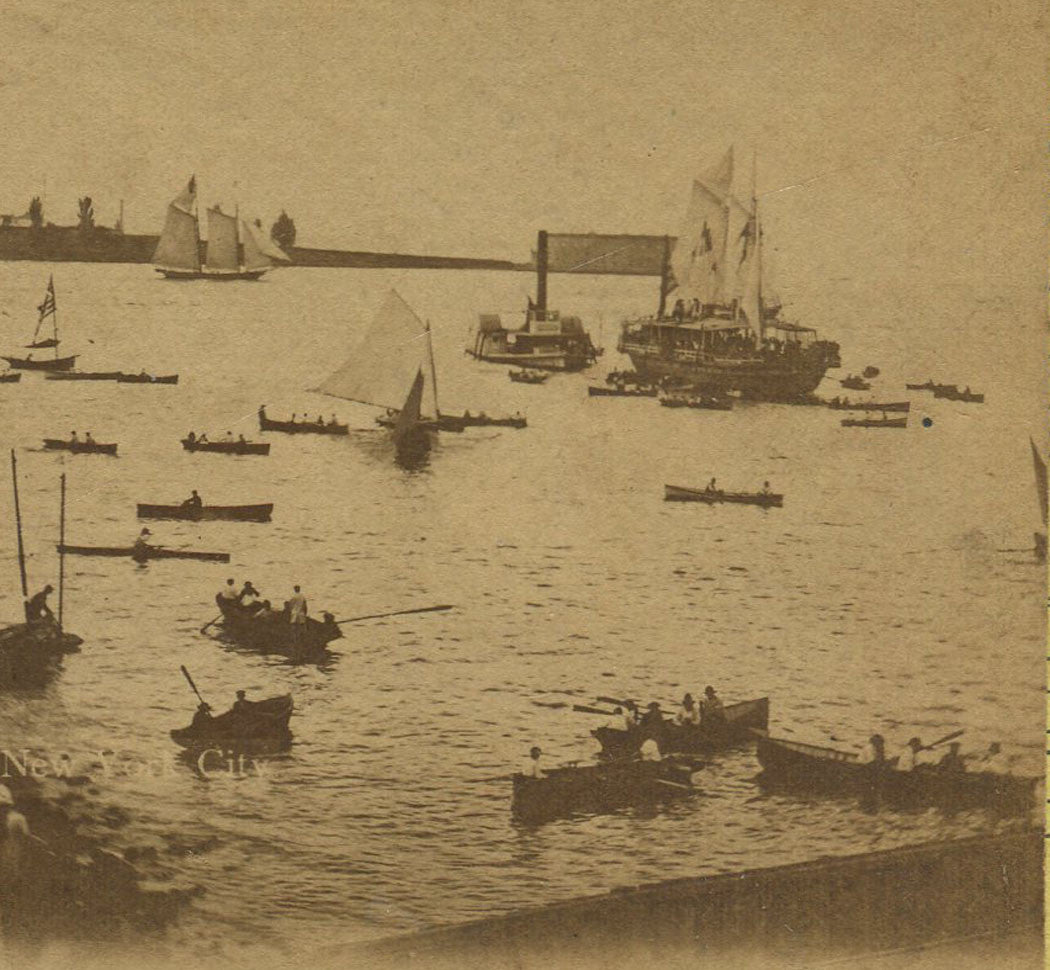 NAUTICAL SCENE, A VARIETY OF SHIPS AND BOATS TAKE TO THE WATER.  STEREOVIEW.